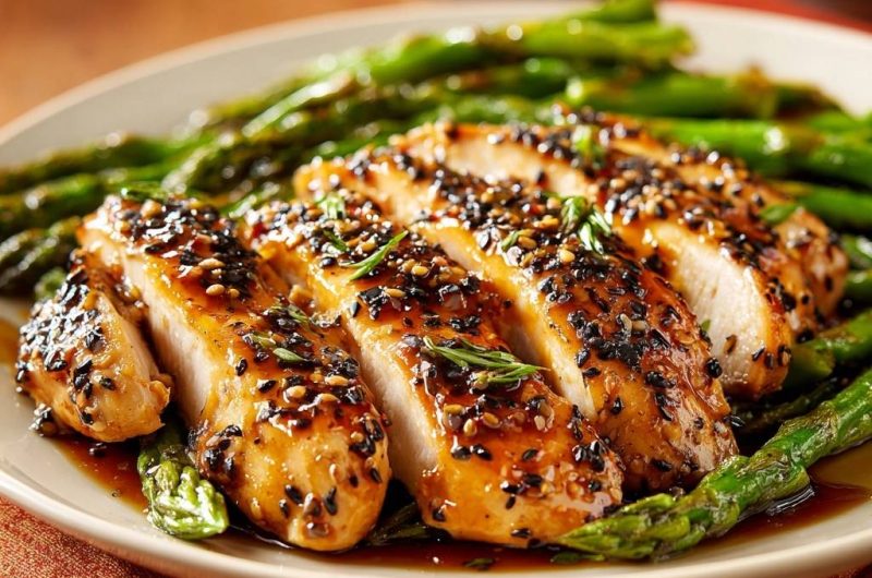 Glasierte Sesam-Hähnchenbrust mit Spargel
