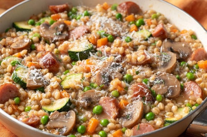 Herzhafte Graupenpfanne mit Wurst und Gemüse