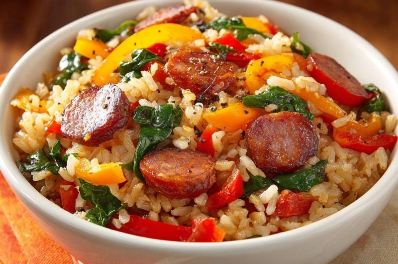 Herzhafte Reis-Pfanne mit Rinder-Salami und Paprika