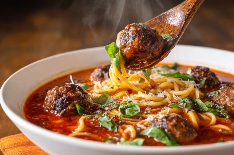 Herzhafte Spaghetti-Fleischbällchen-Suppe