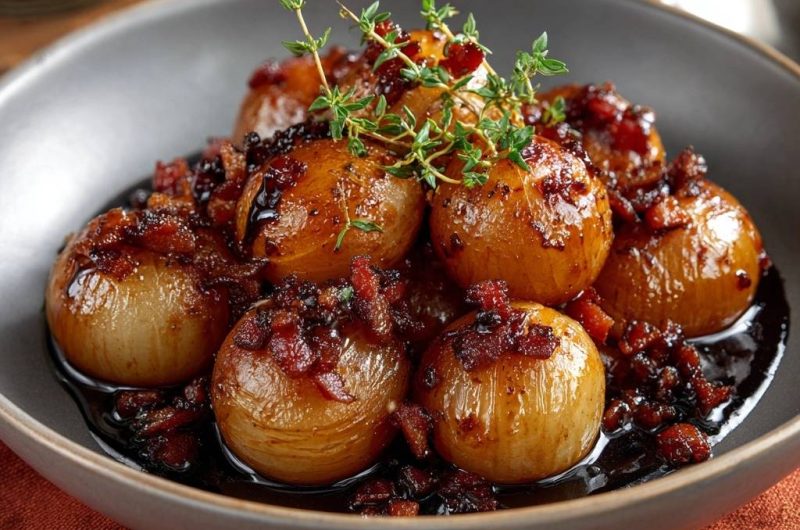 Karamellisierte Perlzwiebeln mit Speck und Thymian