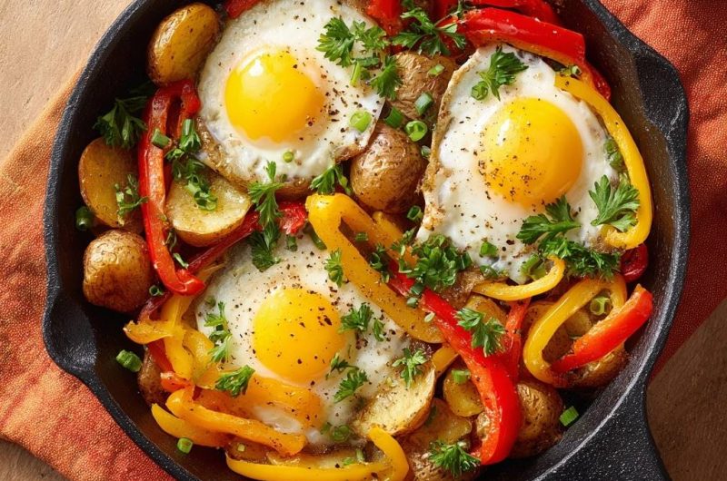 Knusprige Babykartoffel-Pfanne mit Paprika und Spiegeleiern