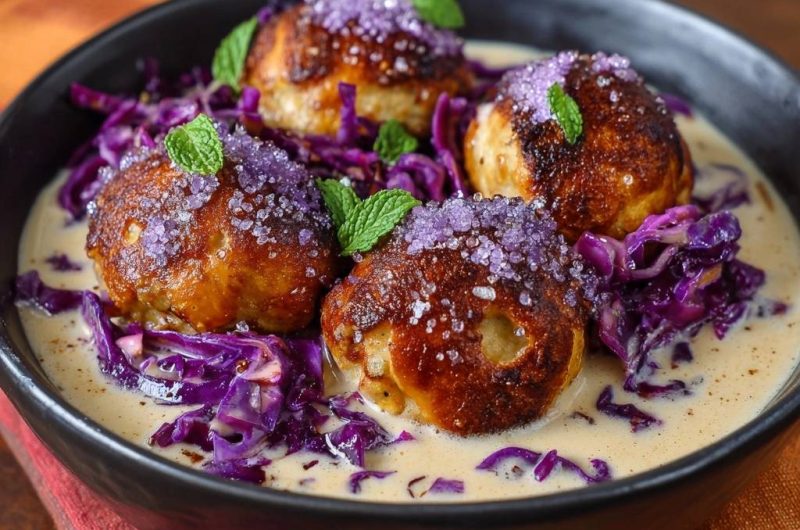 Knusprige Hähnchenbällchen in cremiger Rotkohlsoße