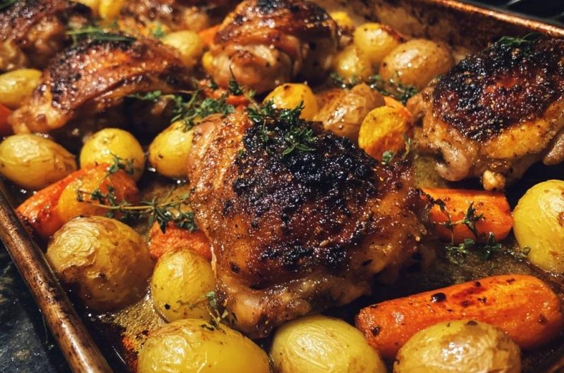 Knusprige Hähnchenschenkel mit Babykartoffeln und Karotten