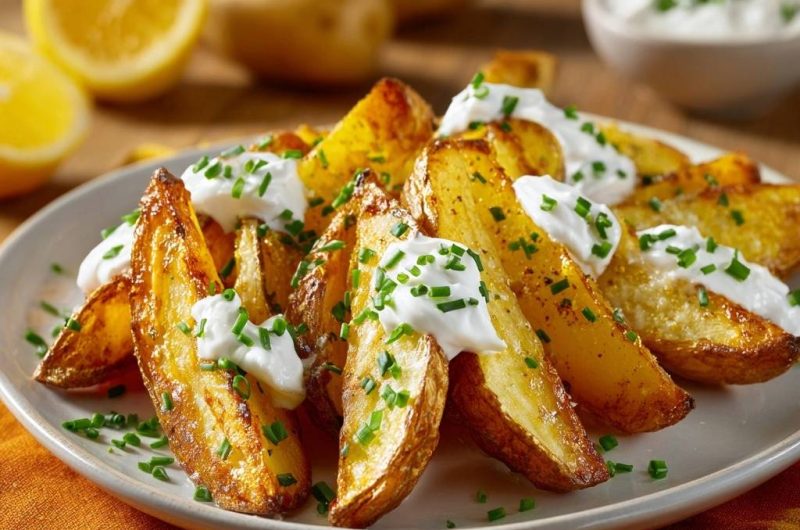 Knusprige Kartoffelkeile mit Zitronen-Sauerrahm (Nie wieder matschige Keile!)