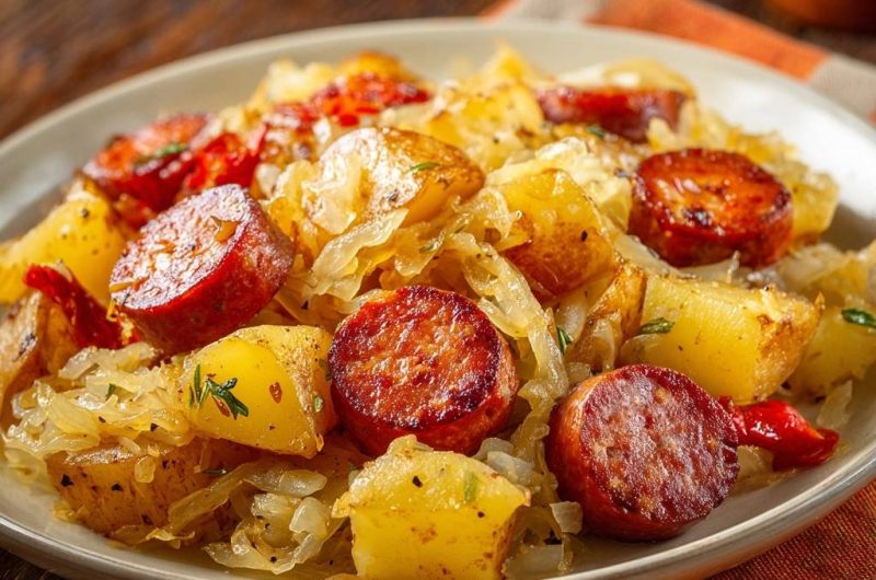 Knusprige Kartoffelpfanne mit Wurst und Kraut