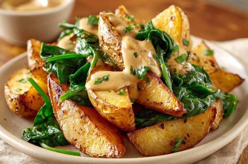 Knusprige Kartoffelwedges mit Spinat & Kräutersauce