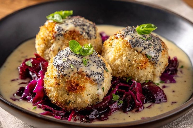 Knusprige Panierte Klopse mit Rotkohl und Sesam-Sahnesoße