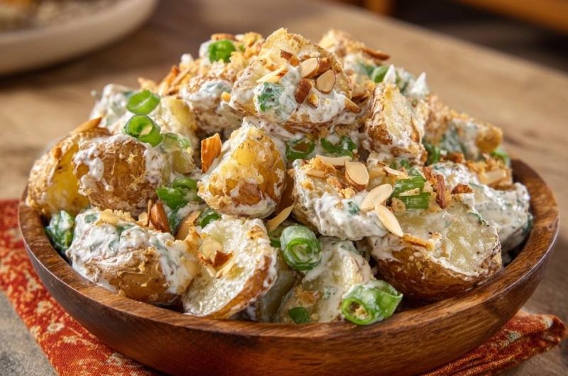 Knuspriger Kartoffelsalat mit Bohnen und Mandeln