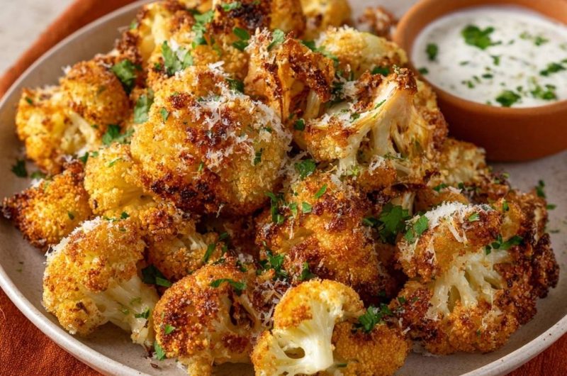 Knuspriger Parmesan-Blütenkohl mit cremigem Kräuter-Dip