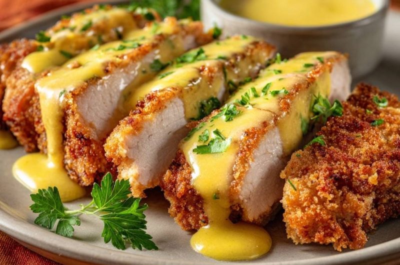 Knuspriges Hähnchenschnitzel mit cremiger Senfsauce