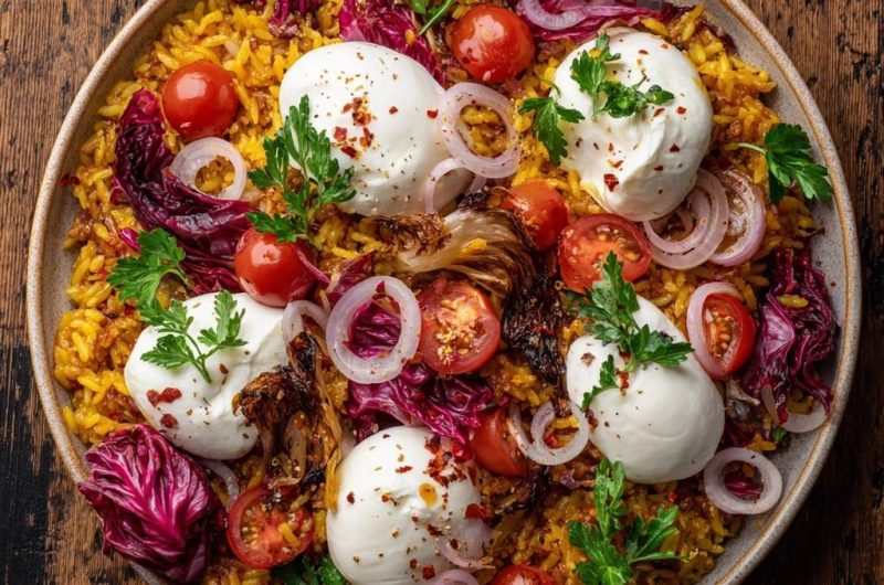 Mediterrane Kurkuma-Reispfanne mit Burrata