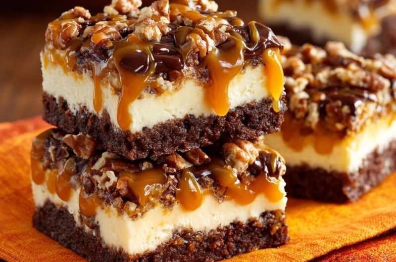Pekan-Karamell-Cheesecake-Brownies (Nie wieder rissiger Cheesecake!)
