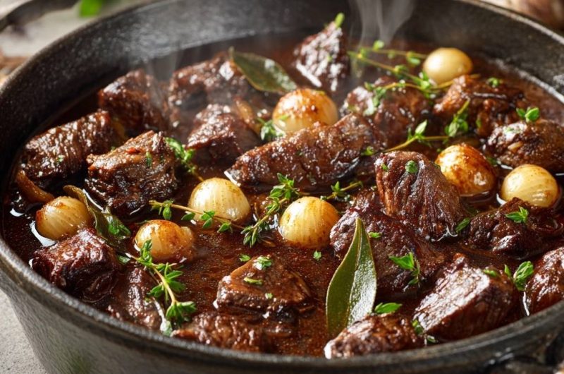 Rustikales Rindfleischragout mit Perlzwiebeln