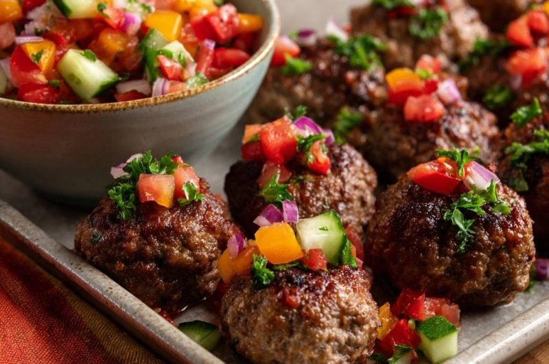 Saftige Rindfleisch-Bällchen mit frischer Regenbogen-Salsa