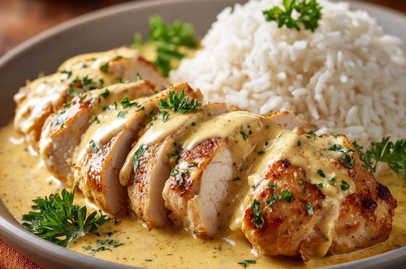 Saftiges Hähnchen in Cremiger Sauce mit Reis