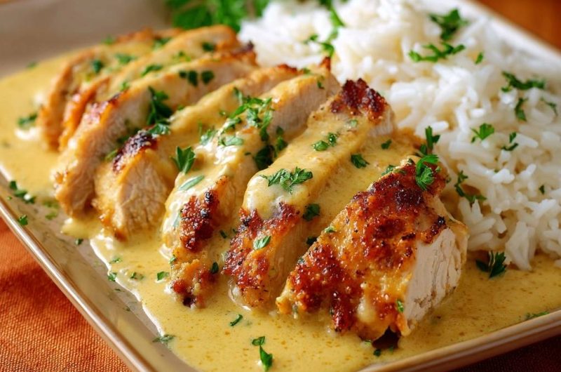 Saftiges Hähnchen in cremiger Senfsauce mit Reis