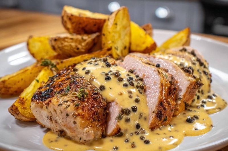 Saftiges Hähnchensteak mit Pfeffersauce und Wedges