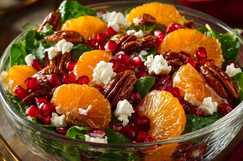 Spinat-Orangen-Feta-Salat mit Granatapfel & Pekannüssen