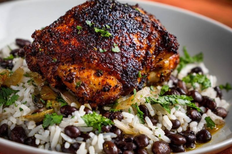 Würziges Karibik-Hähnchen auf Reis und Bohnen