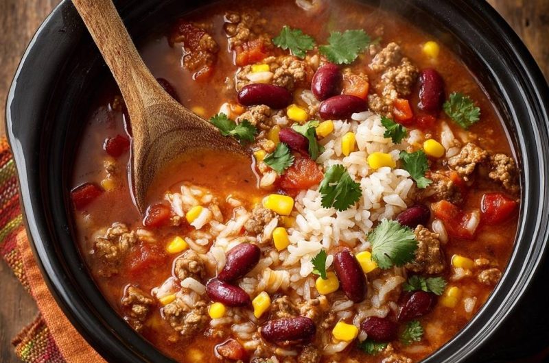 Würziges Rinder-Chili mit Bohnen, Mais und Reis