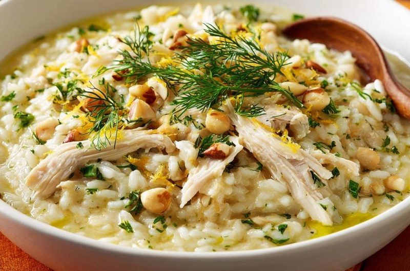 Zitronen-Hähnchen-Risotto mit gerösteten Haselnüssen