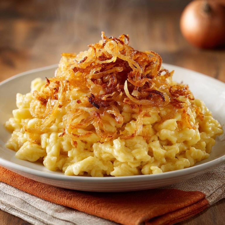 Klassische Allgäuer Kässpätzle mit knusprigen Röstzwiebeln als Topping, Nahaufnahme des dampfenden Gerichts.