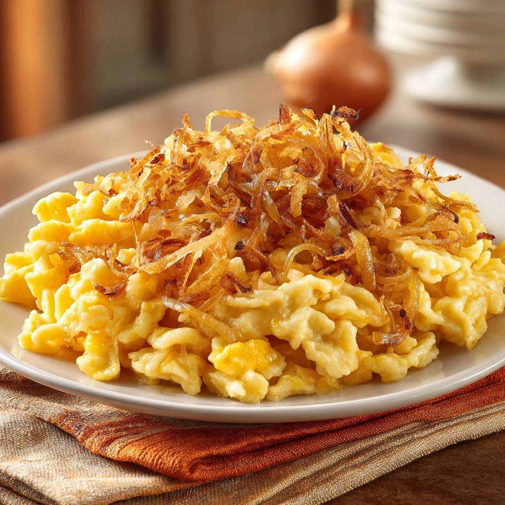 Klassische Allgäuer Kässpätzle mit knusprigen Röstzwiebeln als Garnitur auf einem weißen Teller angerichtet.