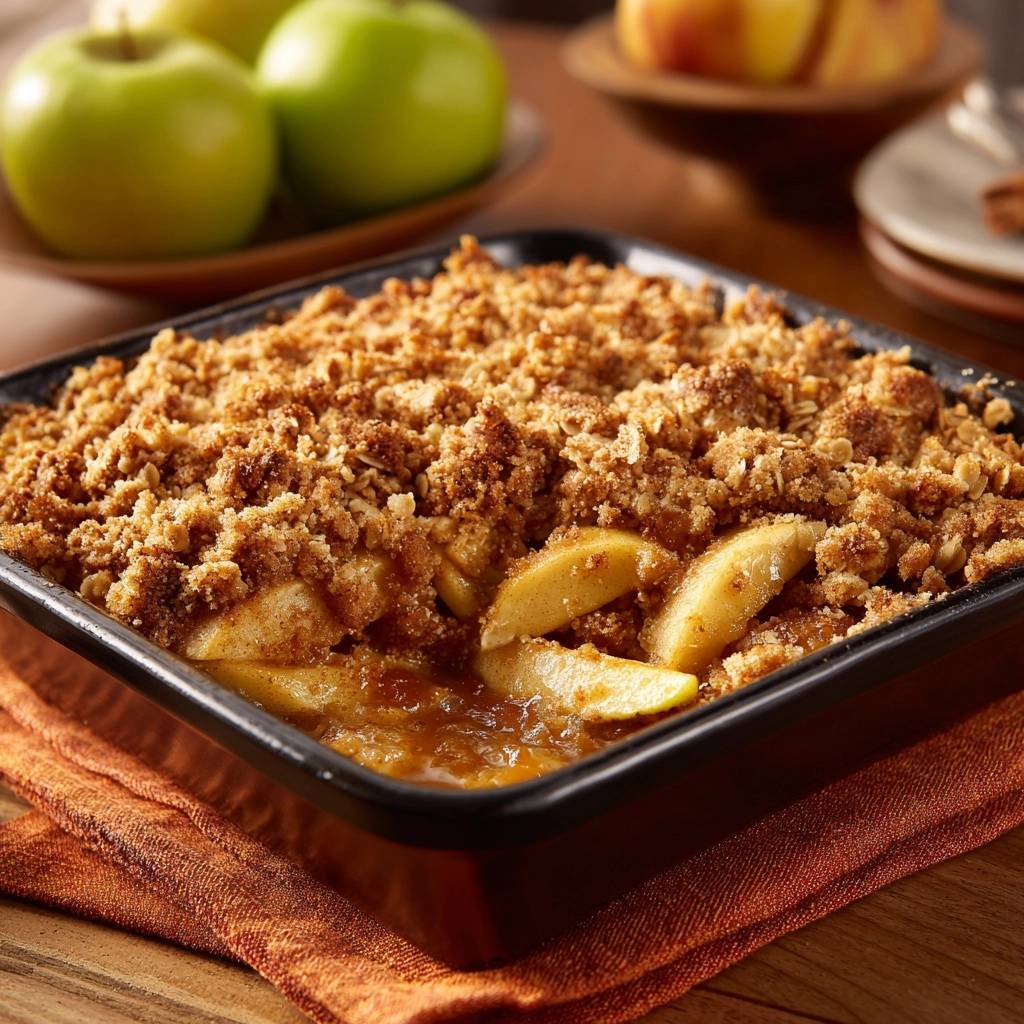 Apfel-Crumble mit knusprigen Streuseln und saftigen Apfelstücken kurz vor dem Servieren.