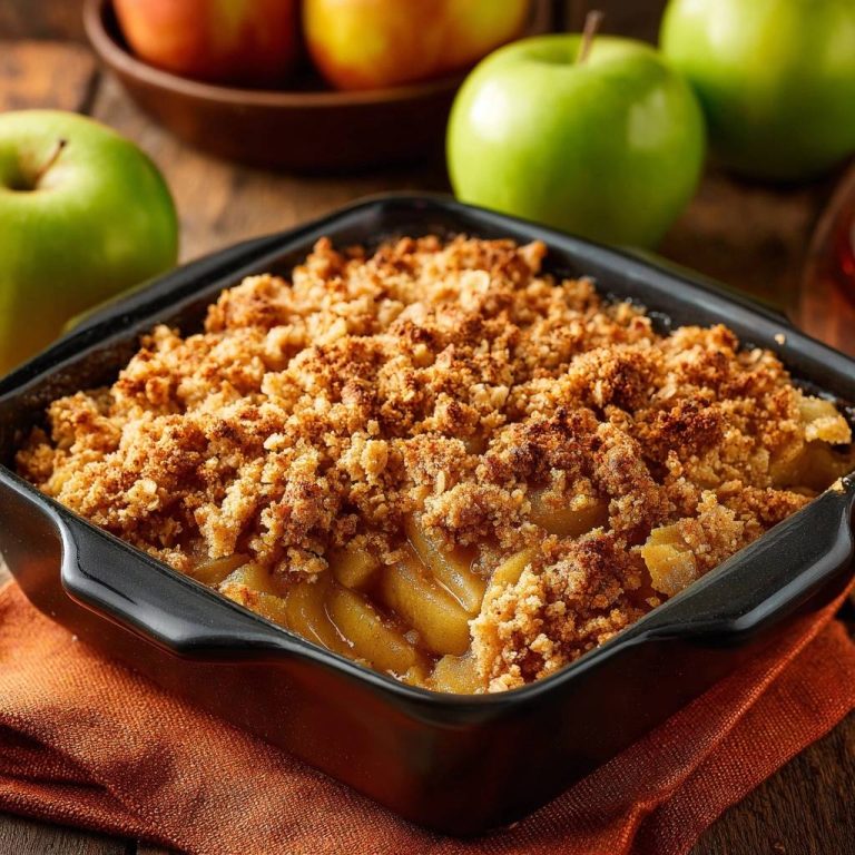 Apfel-Crumble mit einer goldbraunen, knusprigen Streuselhaube in einer schwarzen Auflaufform.