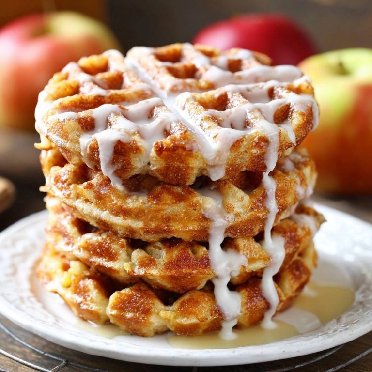 Apfel-Zimt-Waffeln mit einer detaillierten Ansicht der cremigen Glasur, die über die gestapelten Waffeln tropft.
