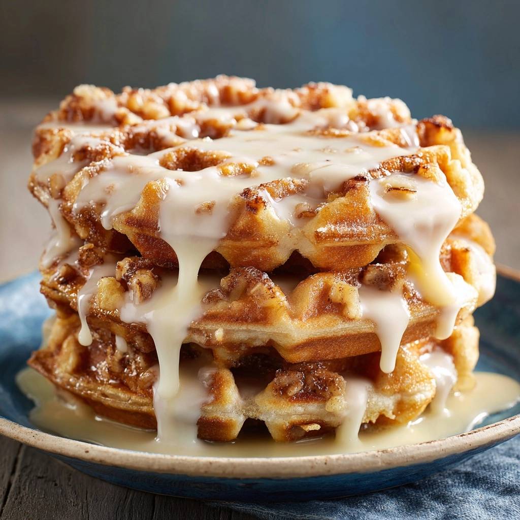 Apfel-Zimt-Waffeln mit einer zarten Glasur, die von den gestapelten Waffeln heruntertropft.