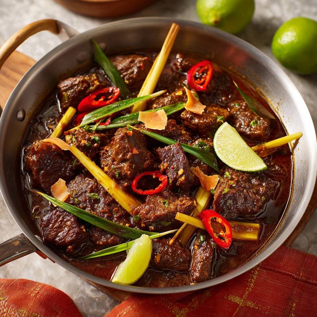 Aromatisches Rinder-Rendang, serviert in einer Schüssel und garniert mit frischer Chili und Limette.