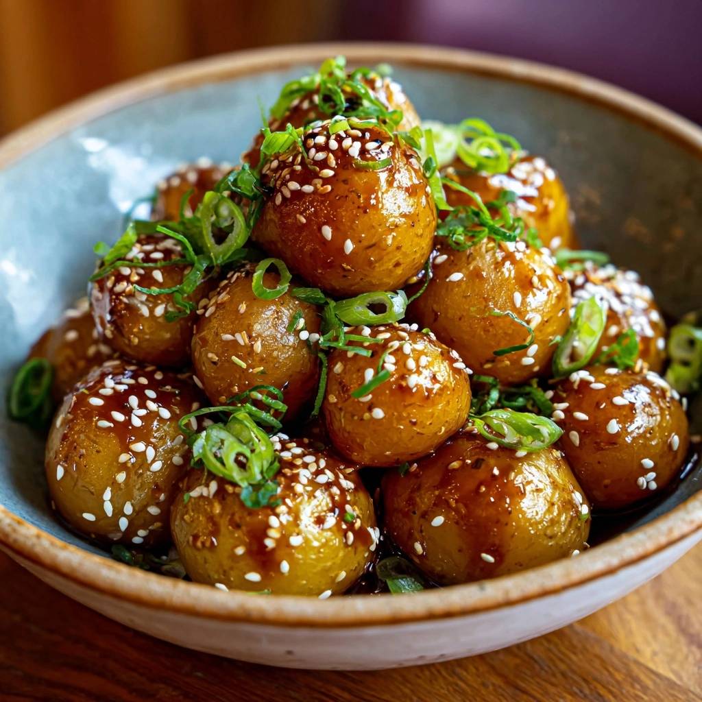Asiatische glasiertkartoffeln mit Sesam und Frühlingszwiebeln, detailgenaue Aufnahme der glänzenden Glasur und Garnitur.