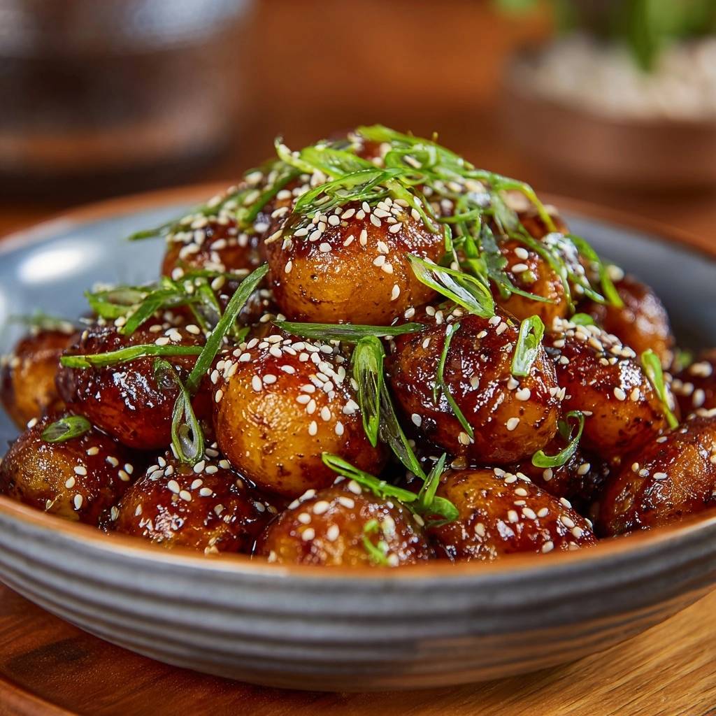 Asiatische Glasiertkartoffeln mit Sesam, garniert mit Frühlingszwiebeln in einer Schüssel serviert.