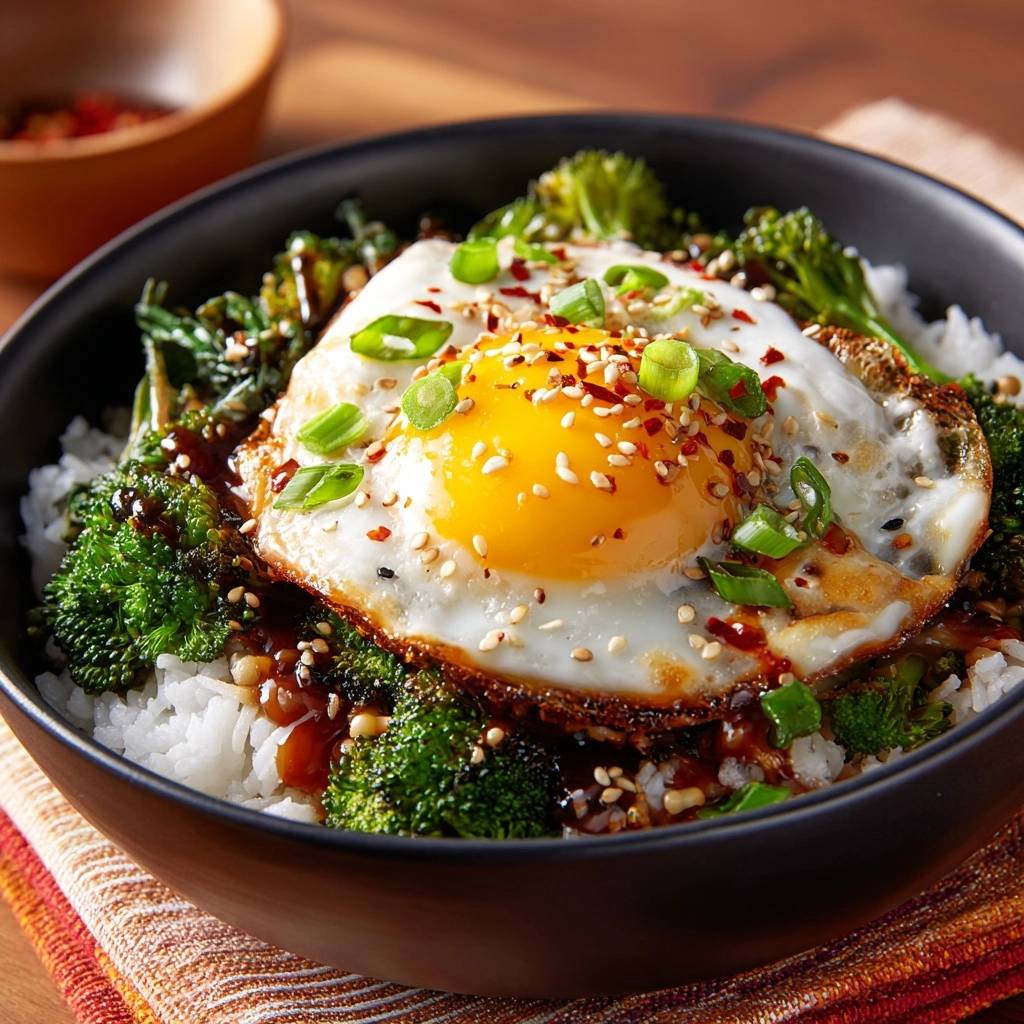 Asiatische Reis-Bowl mit Brokkoli und Spiegelei, garniert mit Frühlingszwiebeln und Sesam.