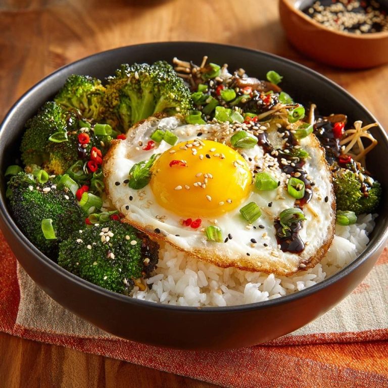 Asiatische Reis-Bowl mit Brokkoli und Spiegelei, eine Nahaufnahme des dampfenden Gerichts mit fokus auf das goldgelbe Eigelb.