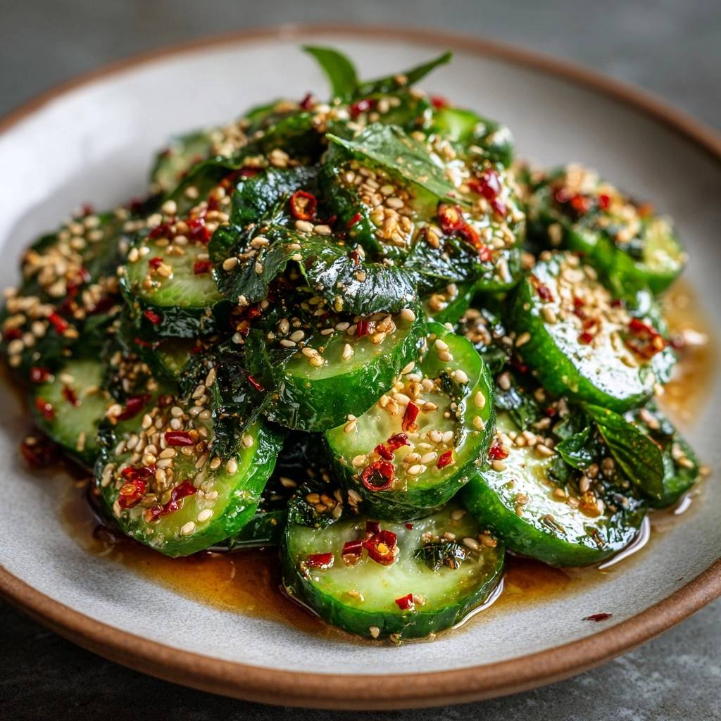 Asiatischer Gurkensalat, nah aufgenommen und mit Sesam, Chili und Kräutern garniert, auf einem Teller serviert.