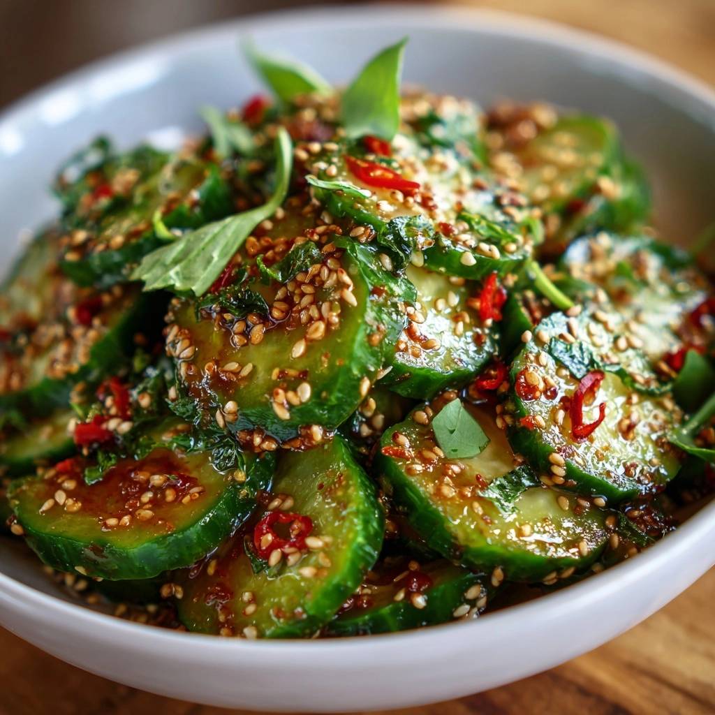 Asiatischer Gurkensalat in einer Nahaufnahme, mit Sesamkörnern und Chilis garniert, serviert in einer Schüssel.