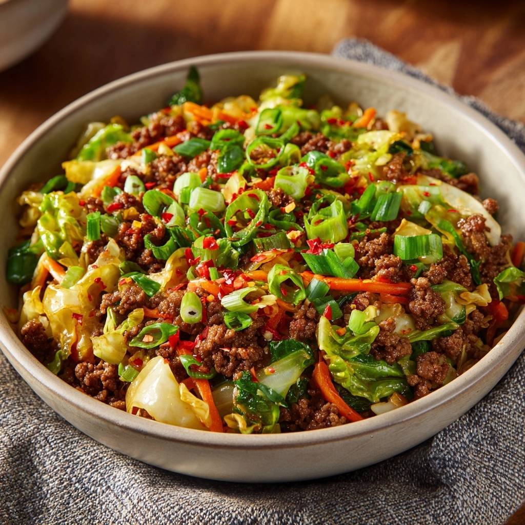 Asiatischer Rinderhack-Wok mit Chinakohl, garniert mit Frühlingszwiebeln und Chiliflocken in einer Schüssel