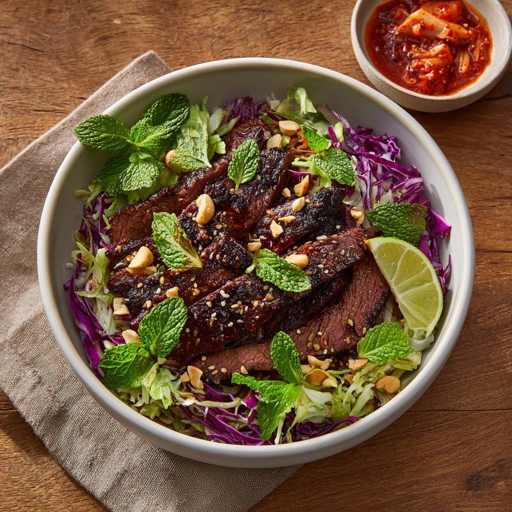 Asiatischer Rindfleisch-Salat mit zartem Fleisch, garniert mit frischer Minze und Erdnüssen, serviert mit Kimchi.