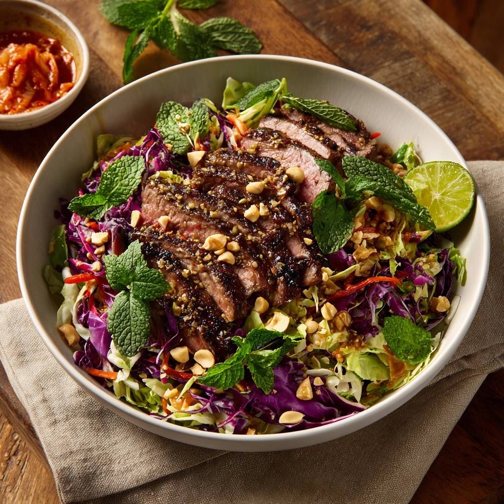 Asiatischer Rindfleisch-Salat mit zartem Fleisch, frischer Minze und knackigem Gemüse, nahaufnahme garniert