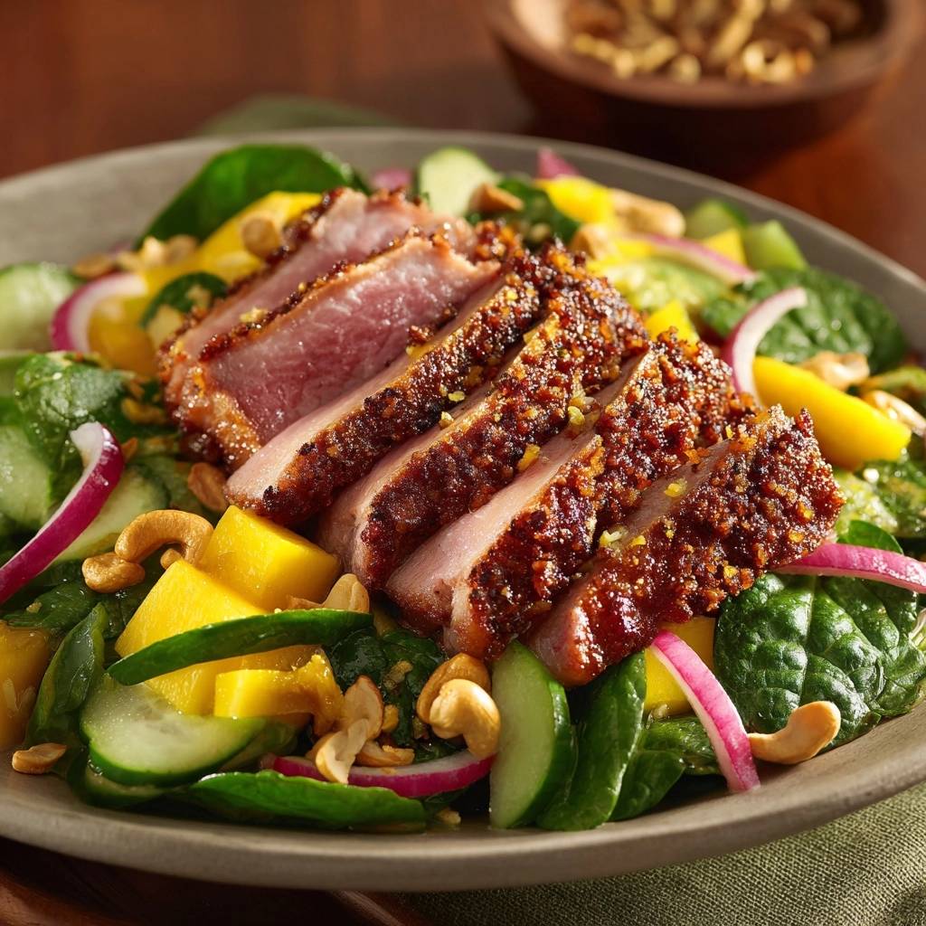 Asiatischer Thunfisch-Salat mit Mango & Cashews, angeschnitten mit Fokus auf das zarte Innere des Thunfischs.