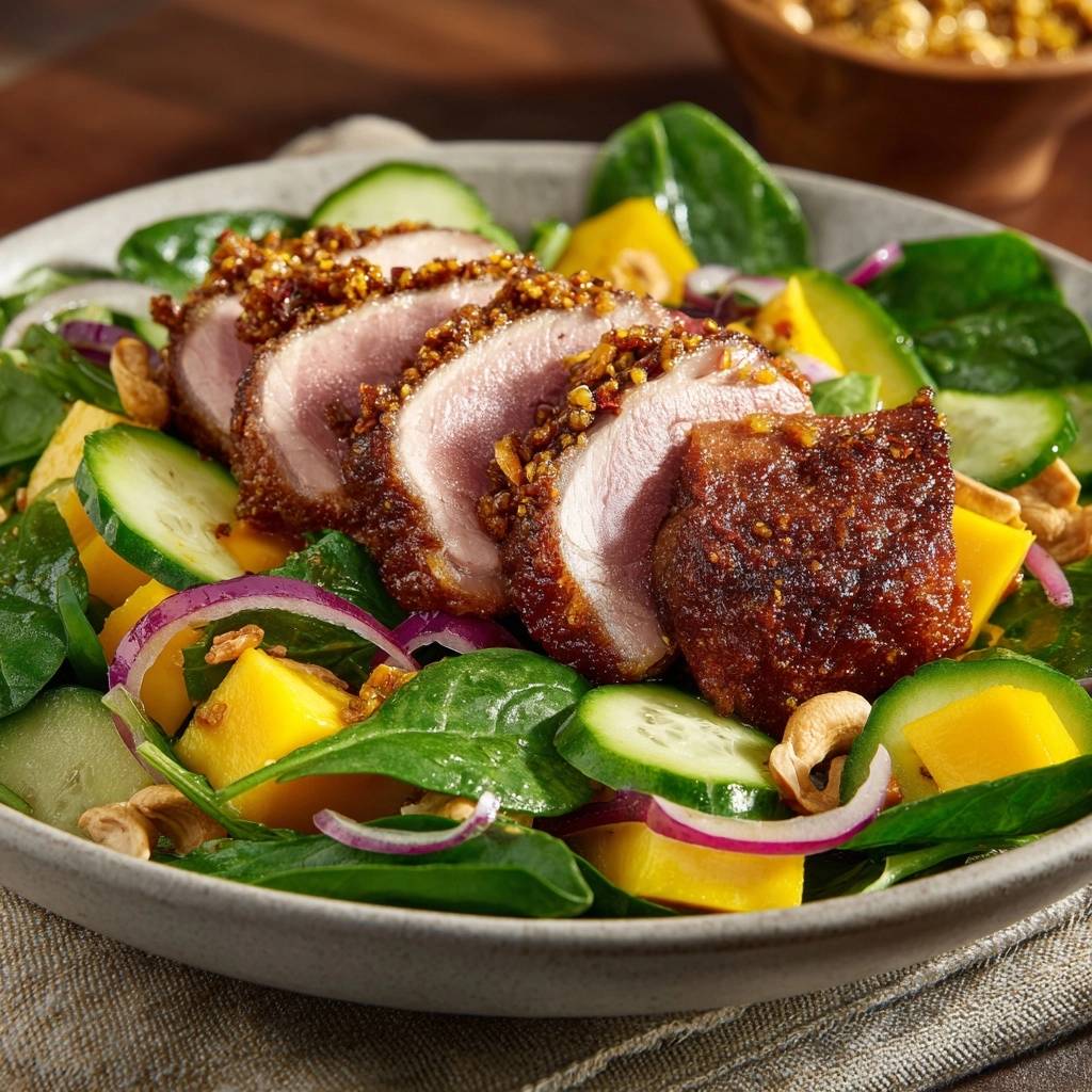 Asiatischer Thunfisch-Salat mit Mango & Cashews, nahaufnahme des geschnittenen Thunfischs auf dem Salatbett.