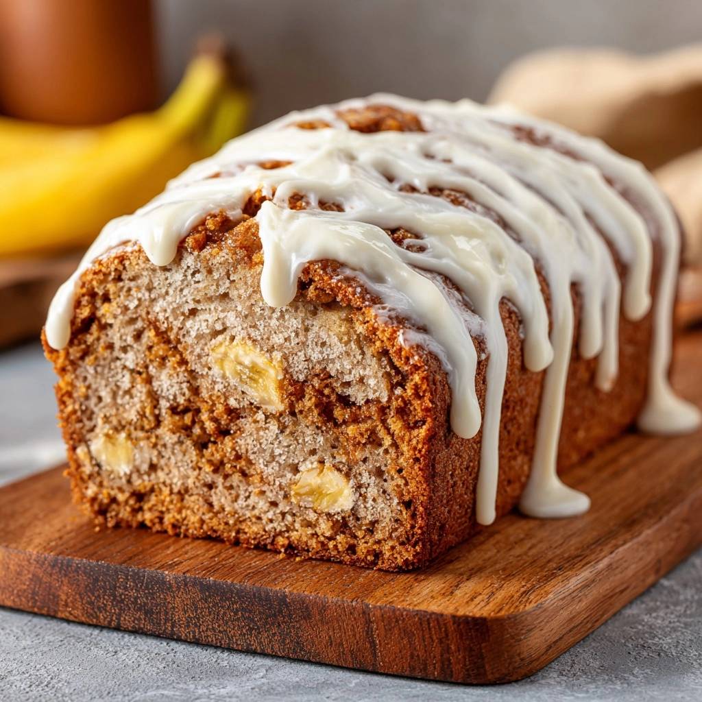 Saftiges Bananenbrot mit Zimt-Frosting, angeschnitten und mit cremiger Glasur übergossen, zeigt Bananenstücke im Inneren.
