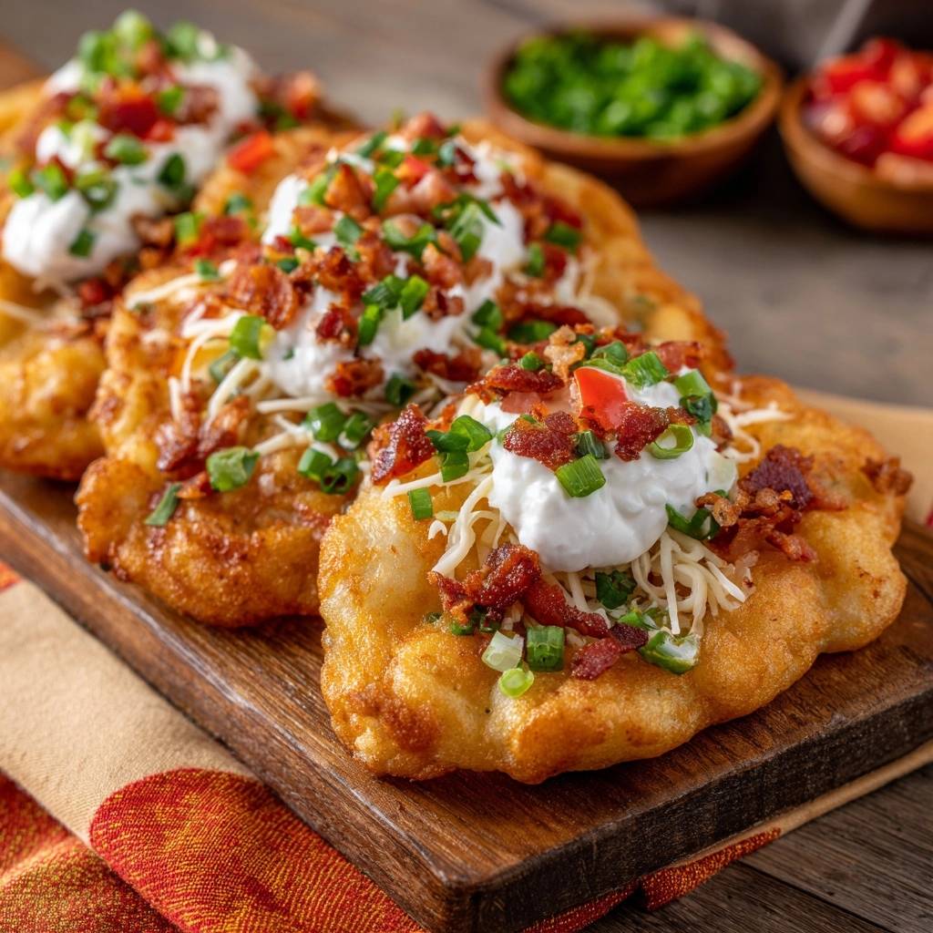 Beladene knusprige Kartoffelpuffer mit Sauerrahm, Käse und Speck garniert auf einem Holzbrett serviert.
