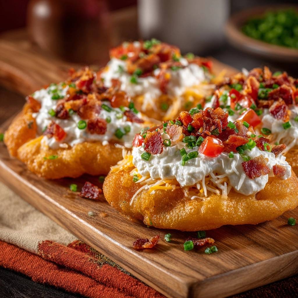 Beladene knusprige Kartoffelpuffer mit saurer Sahne, Käse, Speck und Schnittlauch als Nahaufnahme auf einem Holzbrett.