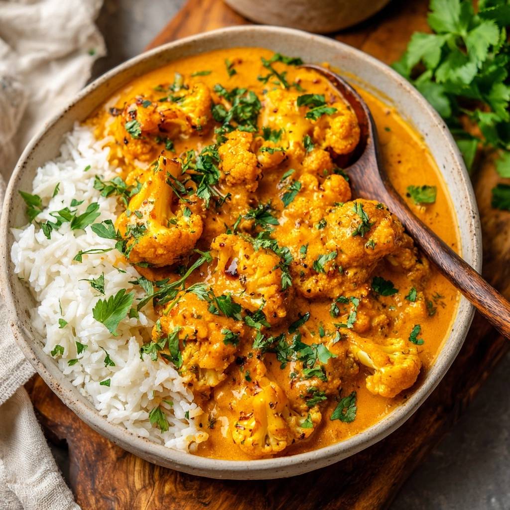 Knuspriger Blumenkohl-Curry mit Basmatireis, serviert in einer Schüssel mit einem Holzlöffel, Nahaufnahme.