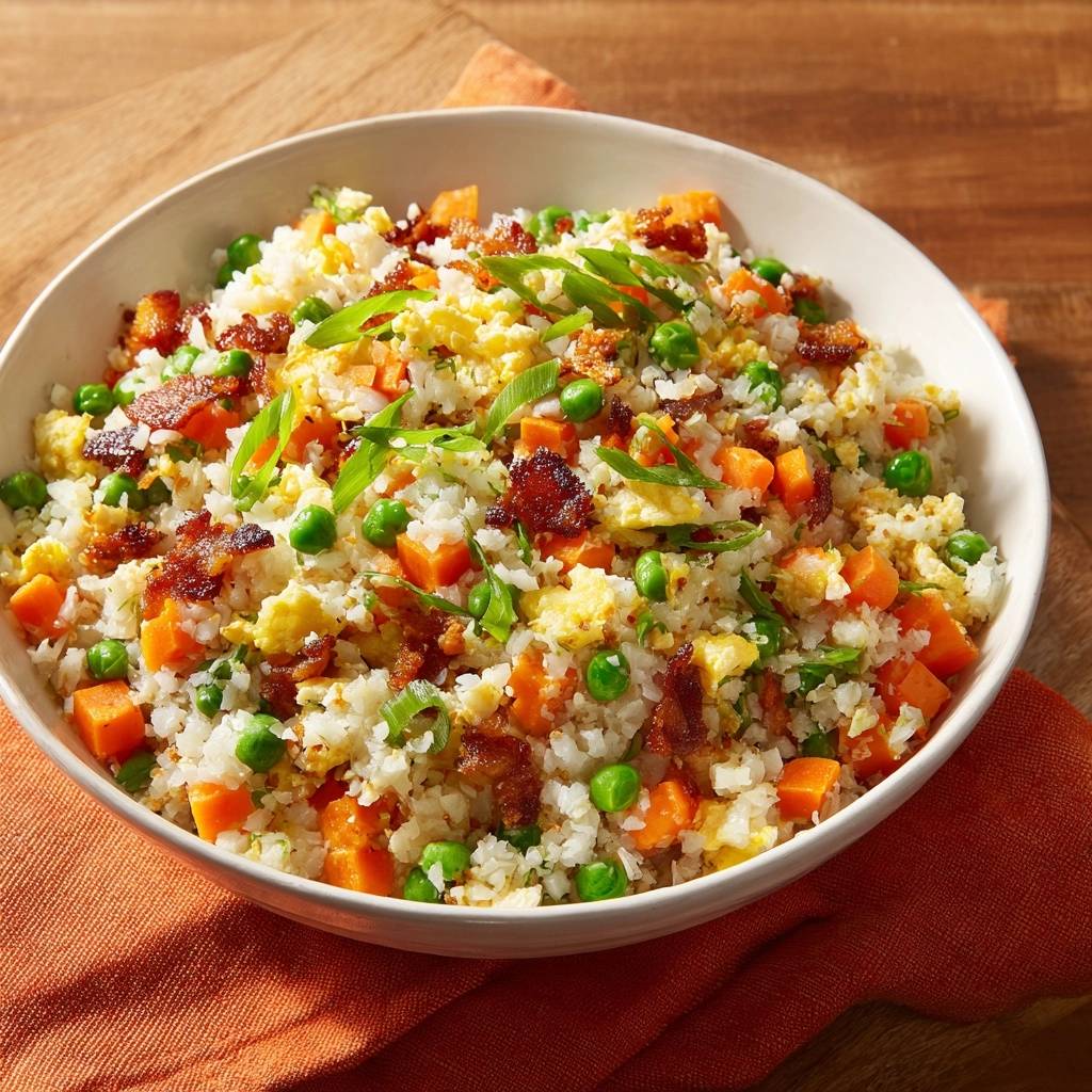 Herzhafter Blumenkohl-Reis mit Bacon, nahaufnahme mit Erbsen, Karotten und Speckwürfeln, garniert mit Frühlingszwiebeln.
