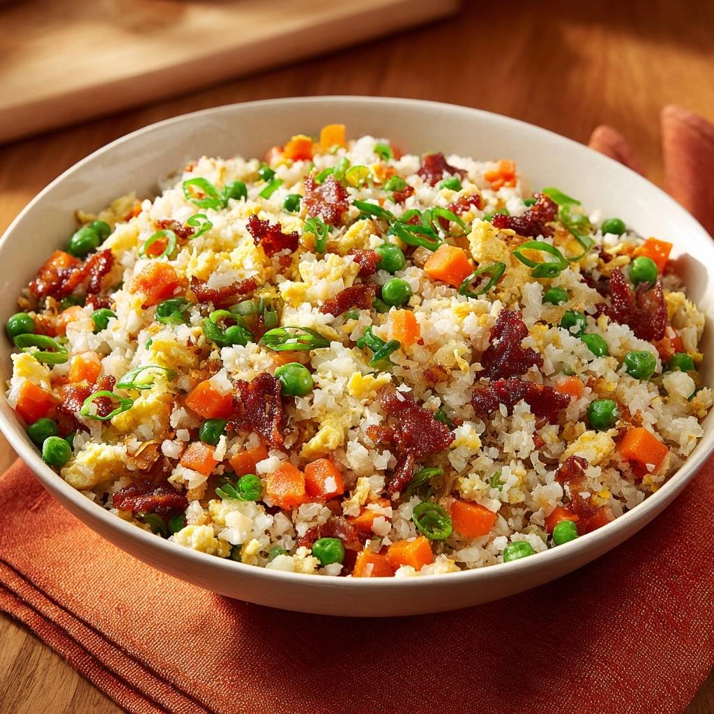 Herzhafter Blumenkohl-Reis mit Bacon, eine Nahaufnahme der Zutaten wie Erbsen, Karotten und Rührei.